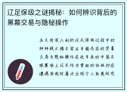 辽足保级之谜揭秘：如何辨识背后的黑幕交易与隐秘操作