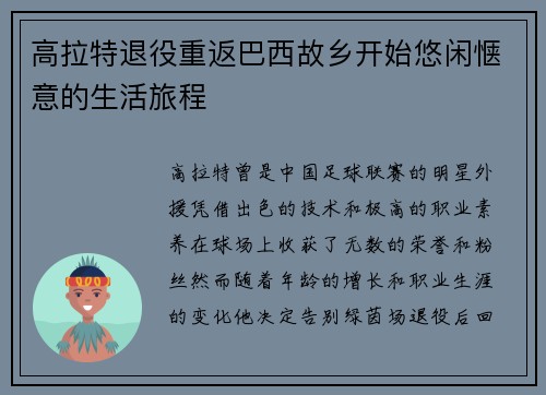高拉特退役重返巴西故乡开始悠闲惬意的生活旅程